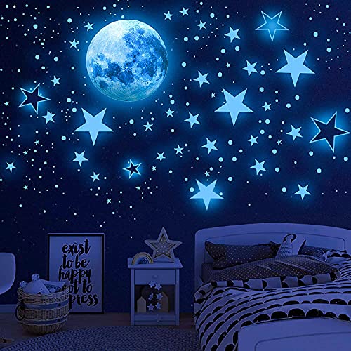Image of Glow in The Dark Stars & Moon Wall Stickers for Kids Room - Radium Adhesive Decals for Bedroom Ceiling, Nursery Wall Decor - Luminous Night Sky Stickers for Home Decoration (Stars + Moon Set)