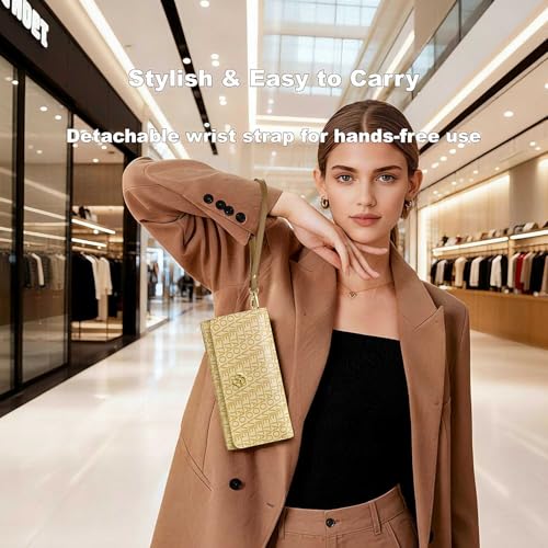 Image of Womens Wallet, RFID Blocking Wristlet Wallets for Women, Large Capacity Leather Clutch Purse for Ladies Daily Use and Travel, Card & Phone Holder - Apricot