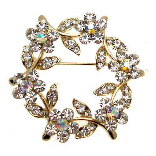 Acosta Brooches - Round Crystal AB Floral Vine - Gold Costume Jewellery Brooch