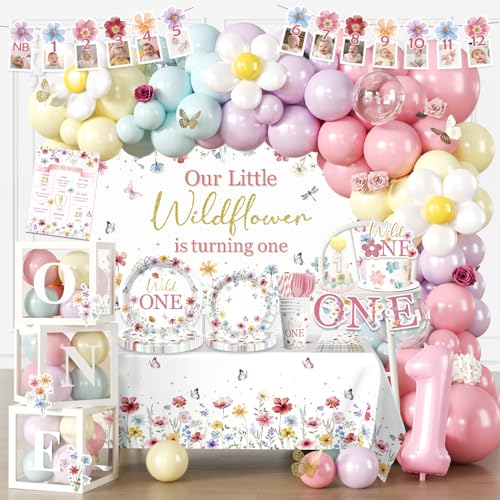 Fexivo 269pcs Wildflower 1st Birthday Decorations Girl One-stop Set for 25 People Includes 350gsm Plates Backdrop and Tablecloths Suitable for Wild and Onederful 1st Birthday Girl