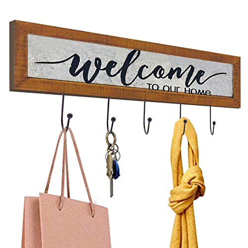 OUCHAN Key Holder for Wall for “Welcome to Our Home”- Galvanized Wall Decor Natural Wood Decorative Key Hooks Ring Holder,Rustic Hooks for Hanging for Living Room, Kitchen Wall-Mounted Key Hook Rack