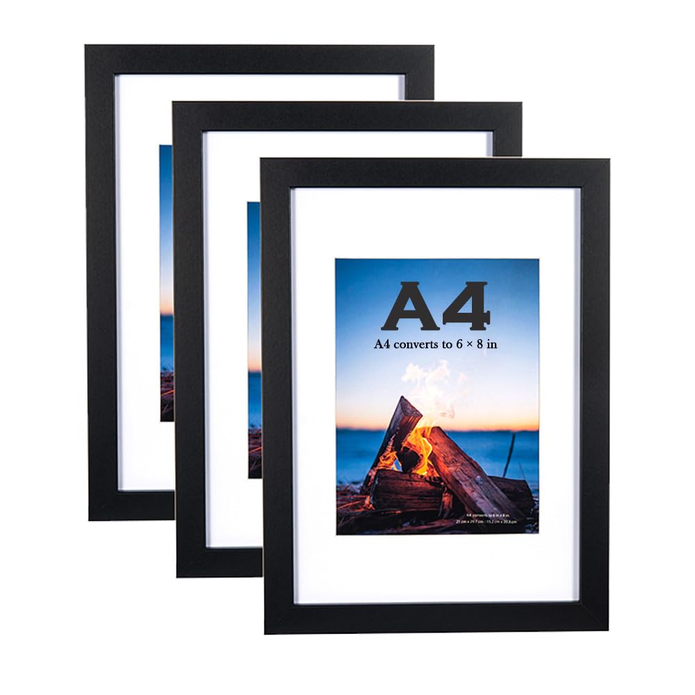 Scholartree A4 Frame 3 Pack,Black Wooden Picture Frame A4 with Mount,A4 Frame,A4 Picture Frame,A4 Poster Frame,A4 certificate frame,Freestanding and Wall Mountable,black frames