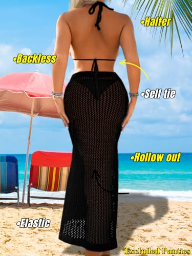 Women Sexy Two Piece Crochet Swimsuit Coverup, Slit Maxi Bikini Skirt Cover Up, Sheer Boho Bathing Suit Beach Outfits3