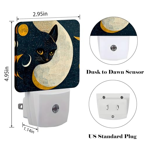 Image of Black Cat Moon Night Light,Plug Into Wall for Boys Girls Bedroom Decorative Square Night Light Lamp 0.5w Sleep Friendly