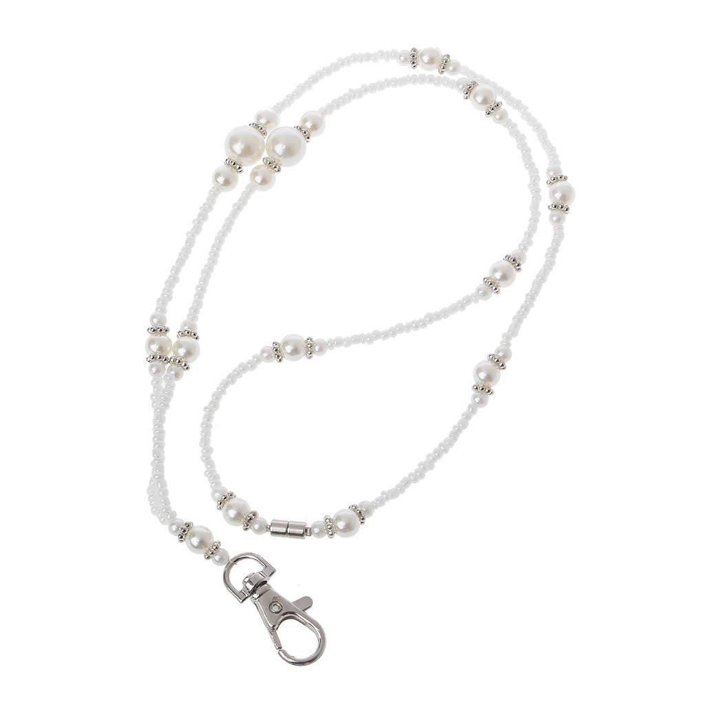 RK-HYTQWR White Pearls Necklace Bead Id Badge Holder Lanyard Necklace With Magnetic Breakaway Clasp,Crystal Pearl Beaded Lanyard