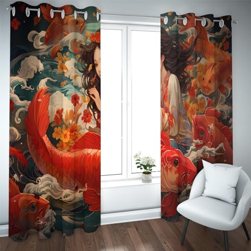 CHERHERART Cortinas de Ventana con Ojales para Chicas Anime japonesas Olas de mar Koi Fish Cortinas de reducción de Ruido para Ventana de apartamento 2 Paneles 2xB140xH175