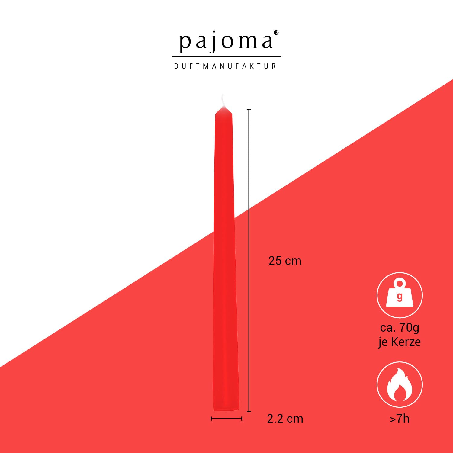 pajoma® Świece prętowe czerwone – 300 sztuk | wysokość 25 cm, Ø 2 cm | czas palenia ok. 7 godz. | wszechstronne jako świece stołowe, dekoracyjne, bożonarodzeniowe i na imprezy gastronomiczne