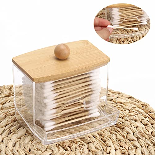 Image of Tbestmax 2 Pack 10oz Qtip Holder Dispenser with Bamboo Lids, Big Clear Bathroom Organizer Accessories Decor for Storage-Qtips Cotton Ball Holder Apothecary Jars, Cotton Swabs, Floss Container