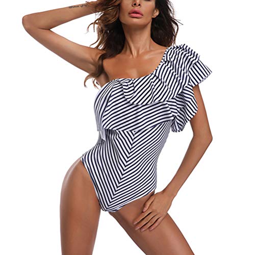 LIOOBO maiô sexy listrado com babados e gola oblíqua de um ombro com babados e alças cruzadas para m