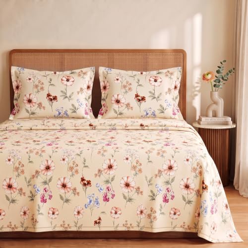 Image of BSB HOME 240 TC Cotton Double Bedsheet with 2 Pillow Covers, Soft & Breathable Floral Print Bed Sheet, Fade Resistant, Easy Care Bedding Set, 90 x 100 Inches (228 x 254 cm) - Blush & Periwinkle Floral