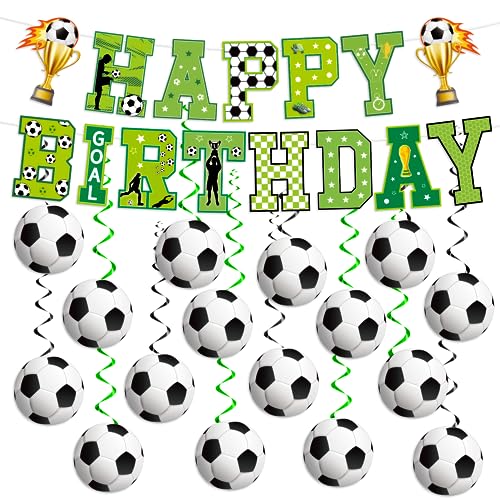 KORHONEN Soccer Party Decorations - Happy Birthday Banner and Soccer Hanging Swirl for Kids Boy's Birthday
