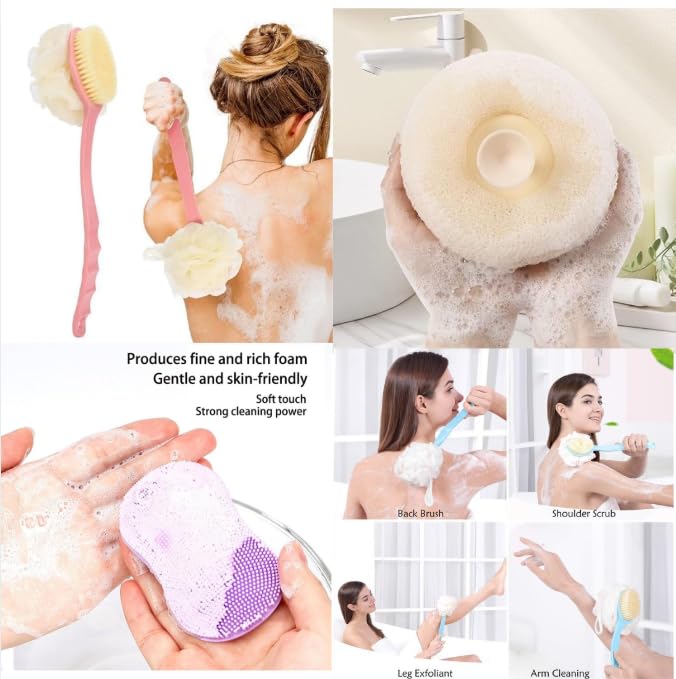 Image of 2-in-1 Loofah & Bristle Bath Brush - Curved Back Scrubber with Long Handle for Body Cleaning, Dry Brushing & Shower Use