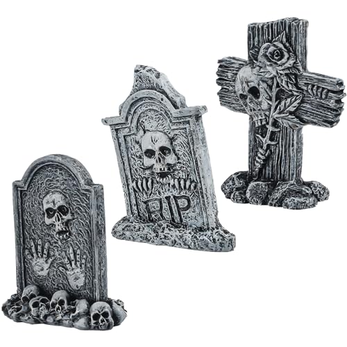 Image of Uniclife 3 Pcs Halloween Miniature Tombstones Decorations, Halloween Fish Tank Decor, Resin Mini Tombstones Figurines, RIP Cross Skull Graveyard Gravestones, Small Spooky Town Village Accessories