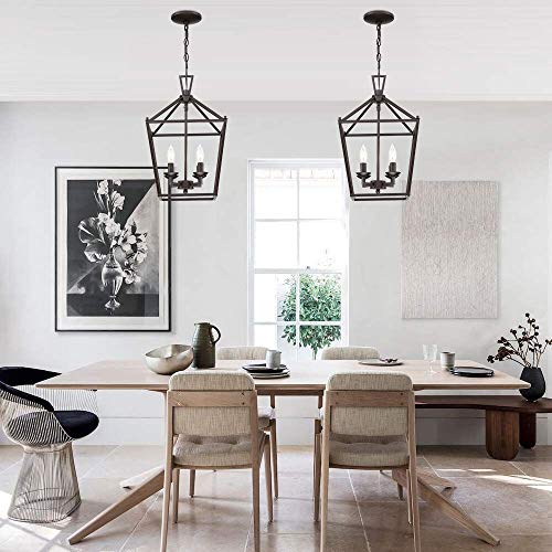 MOTINI 4-Light Bronze Lantern Pendant Light 12" Geometric Cage Farmhouse Chandelier Chain Hanging Foyer Pendant Lighting Fixture for Kitchen Island Dinning Room, Oil Rubbed Bronze Finish - Image 4