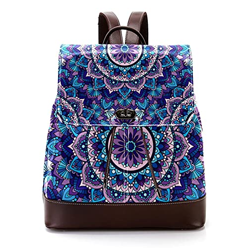 Mochila de piel sintética con círculo redondo de mandala púrpura para mujer, mochila de hombro de viaje para mujer, Multicolor 01
