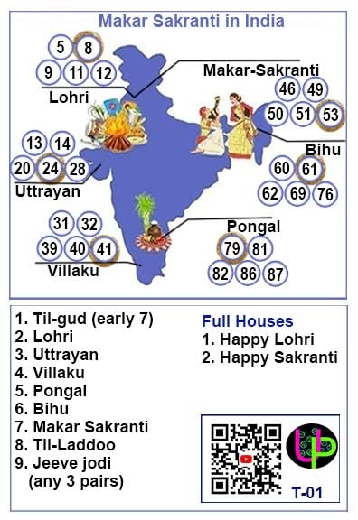 Image of Makar Sankranti Theme Tambola Tickets - India Map Theme | English | Bingo Housie Game for Festive Celebrations | Fun for Kitty Party, Family and Friends Gatherings (Set of 15 Tickets)