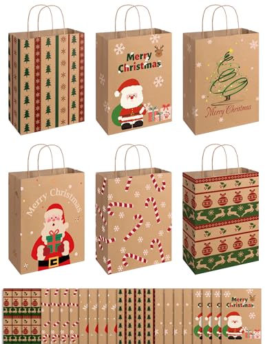SUNEE Christmas Gift Bags 24 Pack Christmas Bags for Gifts with Handles 6 Assorted Kraft Paper Gift Bags Bulk with Xmas Tree Santa Claus Candy Designs 7.28*3.15*8.7 Goodie Bags for Kids Small Size