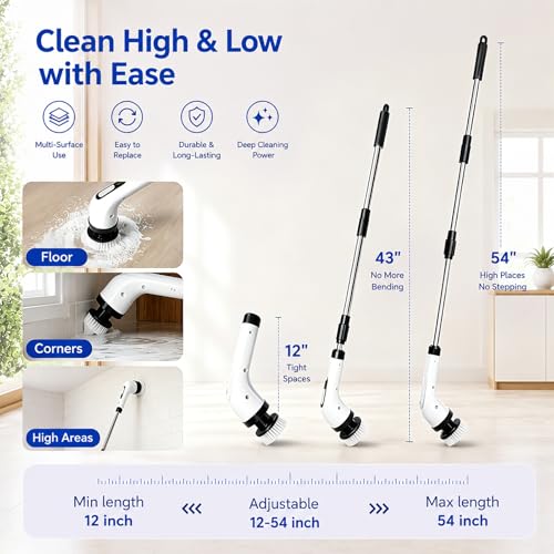 Image of Highyes Electric Spin Scrubber for Bathroom | IPX7 Waterproof Shower Scrubber with Extendable Long Handle,Bathroom Cleaning Scrubber with 7 Reusable Brush Heads