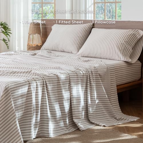 Image of MooMee Striped Sheet Set 100% Washed Cotton Linen Like Twin