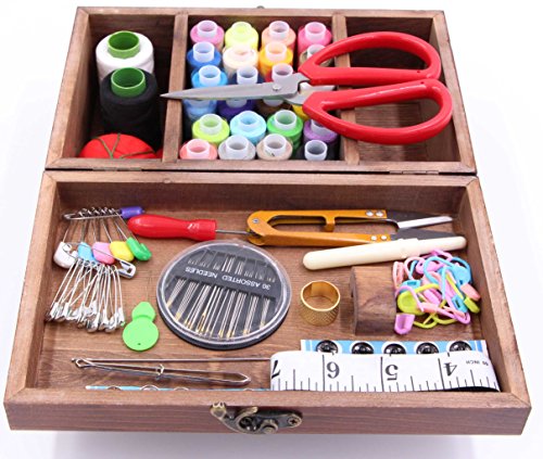 Wooden Sewing Kit Set - Wood Basket Storage Organizer Box with Professional Hand Sew Supplies Thread Spools Pins Needles Scissors for Men Women Adults Kids Beginners Emergency Repairs (Brown) - Thumbnail 4