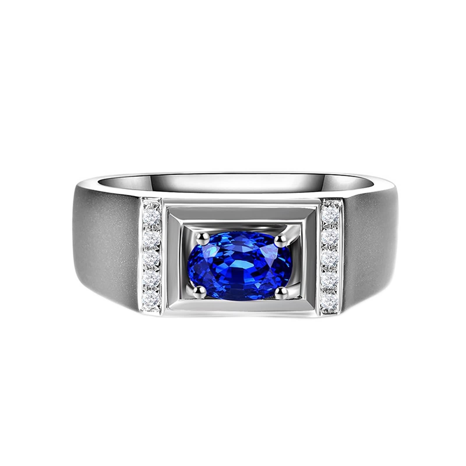 Sortija Piedras Azul, Alianzas Boda Oro Blanco 18K Forma Oval 0.1Ct Diamante Blanco Talla 25 para Esposo con Joyero