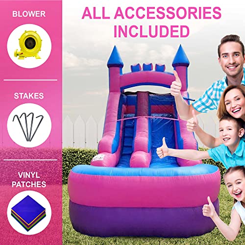 Inflatable Water Slides For Kids - Backyard Inflatable Water Slides With Splash Pool - Pink Princess Slide With Water Pool Complete With Blower, And Stakes - 21' X 9' - 12' Tall Slide #TOP4