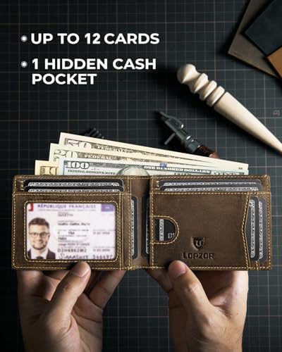 Image of LORZOR Mens Wallet with AirTag Holder, Bifold Full Grain Leather Minimalist Front Pocket RFID Blocking AirTag Wallet with ID Window Gift for Men, up to 12 Cards