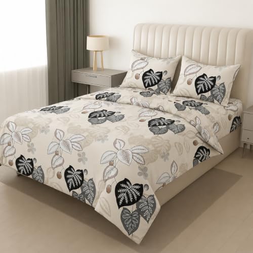 Image of DECOR2ADMIRE 300TC Glace Cotton Printed Super King Size Double Bedsheet with Two Pillow Covers, 108 x 108 Inches or 9 Feet x 9 Feet - (Leaf Blooms)