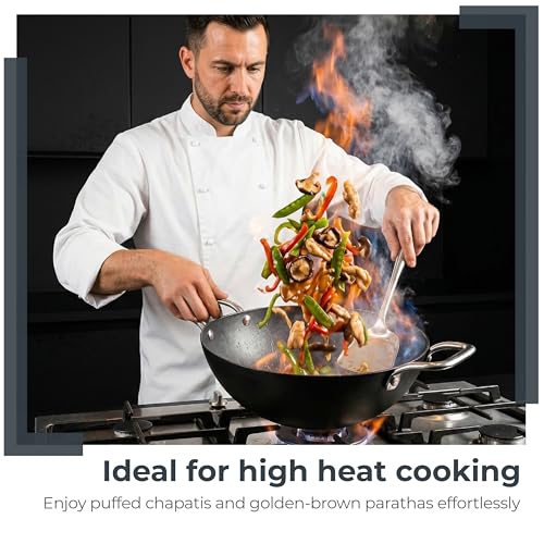 Image of Lifelong Carbon Steel (Iron) Kadhai 28cm | High Heat Stir Fry & Bhuna Kadhai with Stainless Steel Handle | Naturally Seasoned Non-Stick Surface | Induction & Gas Compatible | Lightweight Build