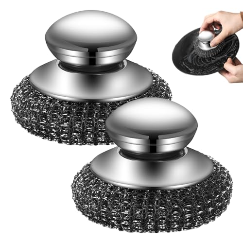 Image of Steel Wool Scrubber, Stainless Steel Scrubber with Handle, Grill Cleaning Brush (2PCS)
