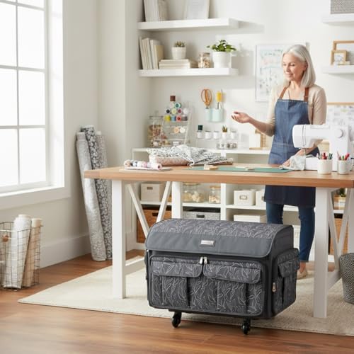 Everything Mary XXL Rolling Sewing Machine Case – Grey Floral Craft Bag with 4 Wheels – Compatible with Brother, Singer & Babylock Embroidery Machines – Durable Storage