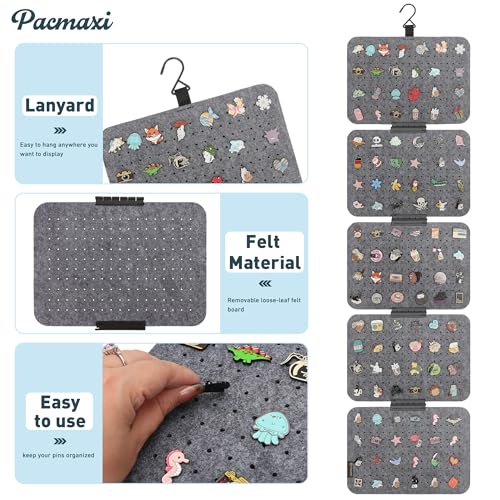 Image of PACMAXI Hanging Enamel Lapel Pin Display Panels Organizer With 5 Loose-leaf Board Pieces, Brooch Pin Enamel Pin Display Pages, Badge Collection Display Holder Holds At Least 120 Pins. (Grey)
