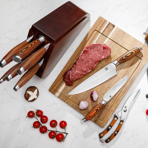Image of MSY BIGSUNNY 9pcs Knife Block Set, German Steel Kitchen Knife Set with Bone Chopper, Precious Pakkawood Handle for Chef Knife Block Set
