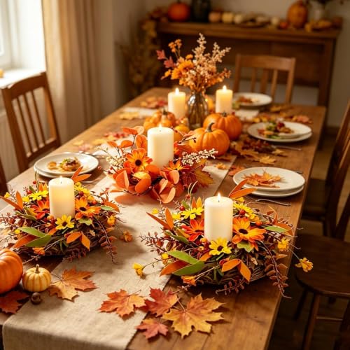 Image of 4 PCS 3 Inch Fall Floral Candle Rings Wreath Thanksgiving Candle Holder Rings Mini Artificial Autumn Wreath with Pumpkins Daisy for Table Centerpieces Farmhouse Fireplace Cabinets Wall Window Decors