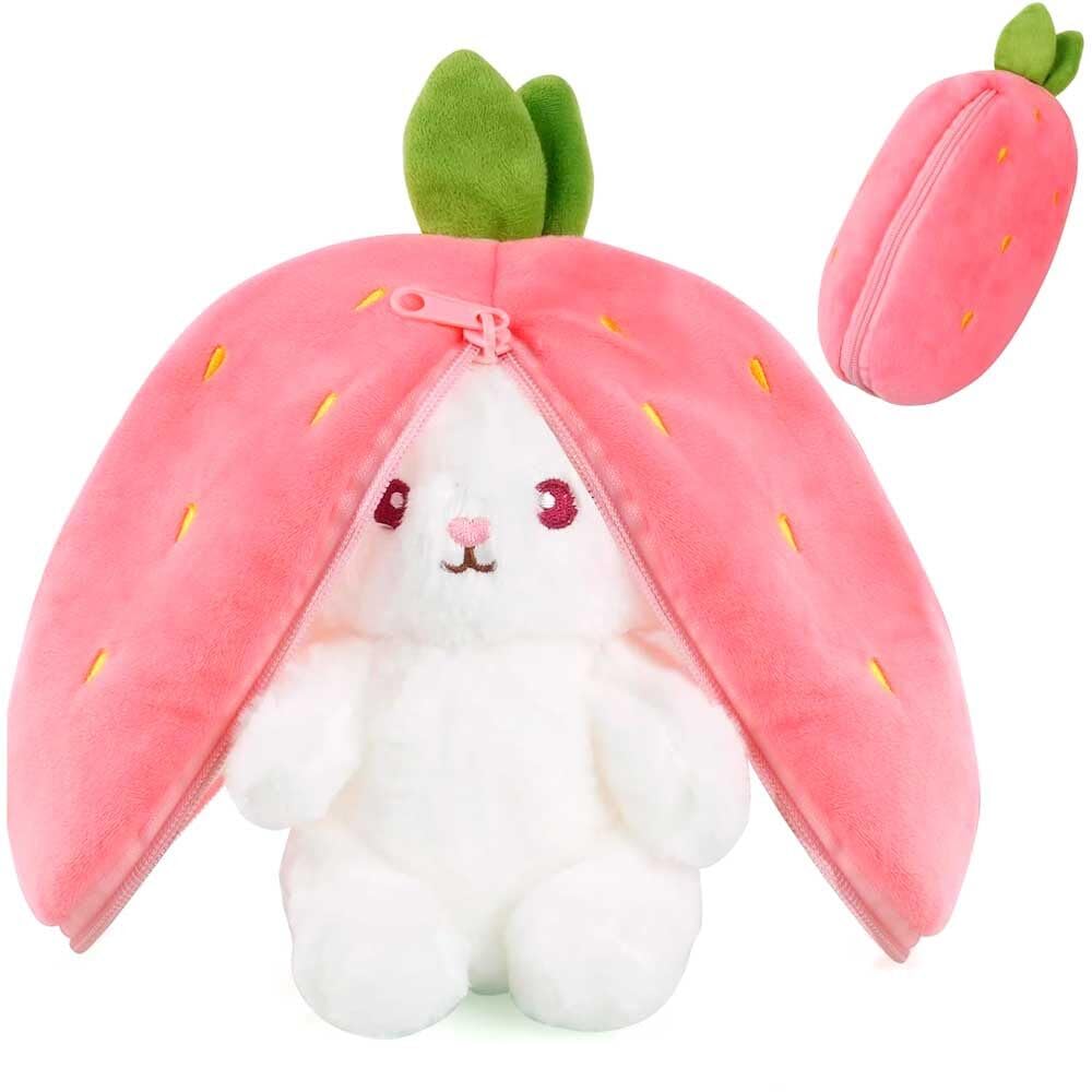 FLUFFY TOYS Soft Reversible Bunny Plush Toy - Strawberry Bunny with Zipper, Soft Rabbit Toy, Pillow & Decorative Gift for Kids and Adult (30cm)