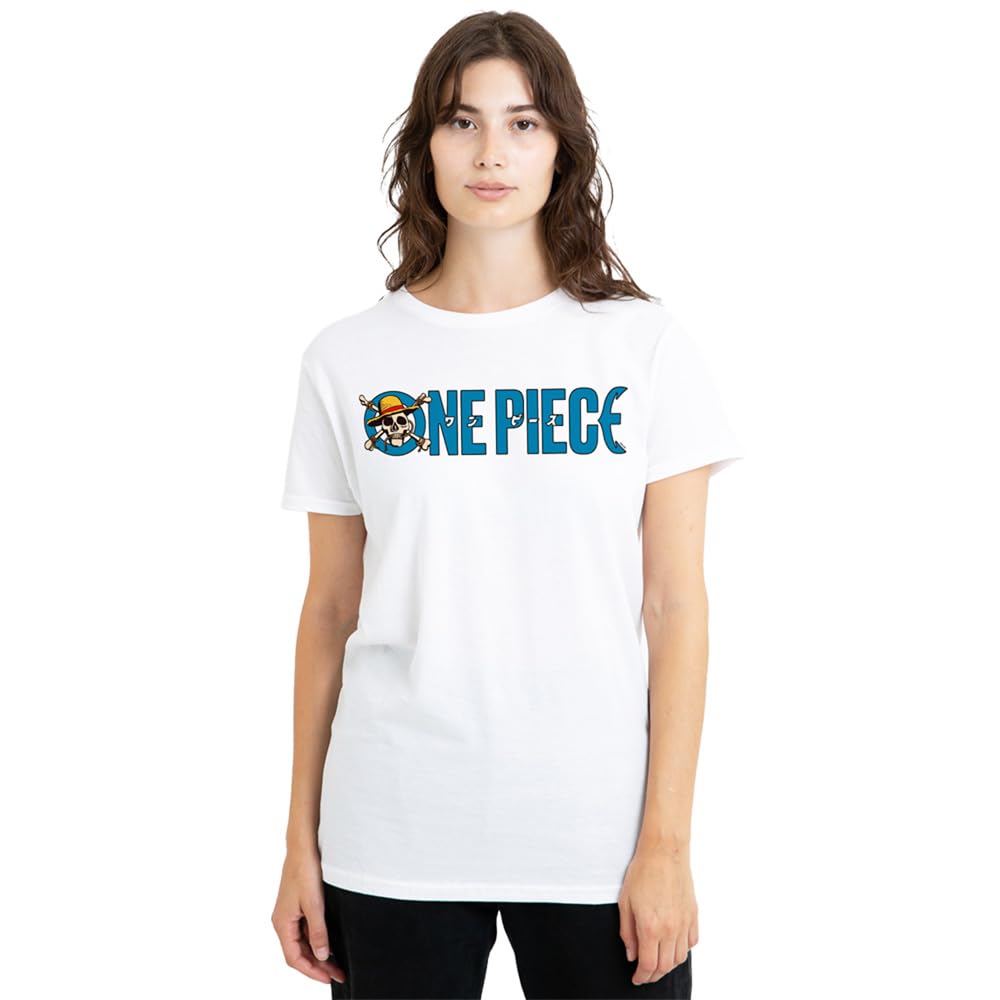 One Piece Luffy Jolly Roger Blue Logo Ladies T Shirt, White, XX-Large