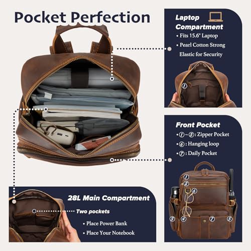 Leather Backpack for Men 15.6" Laptop Backpack 100% Madagascar top-Grain Leather Backpack Brown Large Size - Image 4