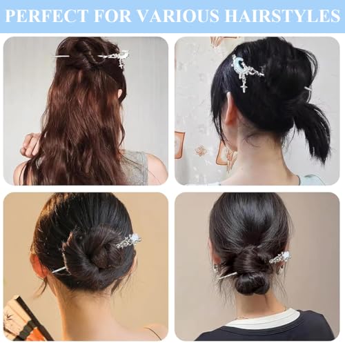 Image of SANNIDHI 4Pcs Hair Stick for Bun, Stylish Bun Stick Accessories for Women, 7 inch Crescent Star Charm Hair Bun Sticks for Women, Metal Alloy Fashion Accessories for Updo