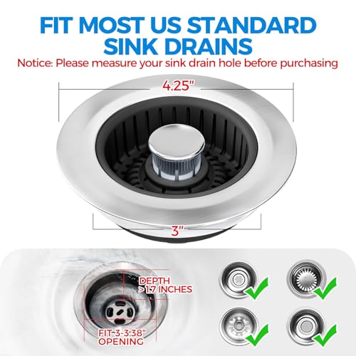 Upgraded 3in1 Kitchen Sink Drain Strainer and Sink Stopper, Stainless Steel Kitchen Drain Plug & Cover with Anti-Clogging Basket Strainer, Fit US Standard 3-1/2'' Sink Drain Hole, Brushed Black