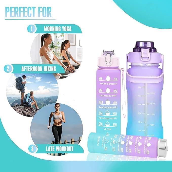 Image of MARTEEN Silicone Motivational Water Bottle Set Of 3 Pcs Time Marker With Straw, Unbreakable Leakproof BPA Free Non-Toxic Sipper Bottle For Office, Sports, Gym, School, 2 Liters, Purple