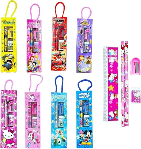Image of Cartoon Theme School Supplies Kit with Pencil, Eraser, Sharpener | Mix Designs for Boys & Girls | Birthday Return Gift Items for Kids (Pack of 8)