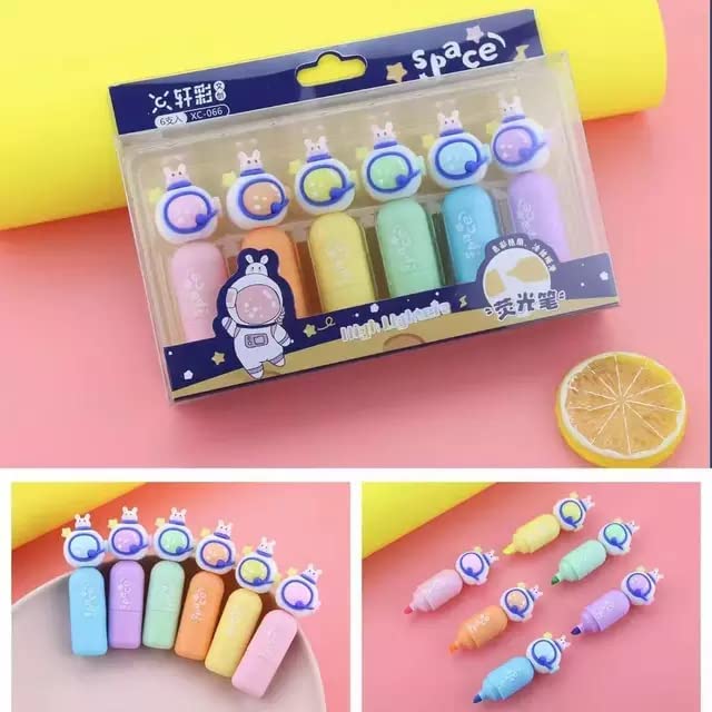 Image of YBN Pack Of 6 Space Astronaut Head Shaped Mini Neon Highlighter Marker Pens For Boys School College Students Chisel Tip Gift Set Space Party Favors, Multi-Coloured