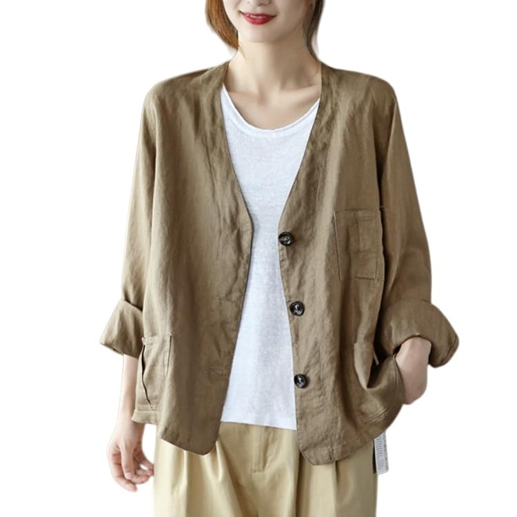 Generico Blazer in Lino da Donna Maniche Lunghe Scollo A V Giacca Blazer Leggera Sfoderata Primavera Estate Casual da Ufficio Cardigan Giacca con Tasche Top Traspirante