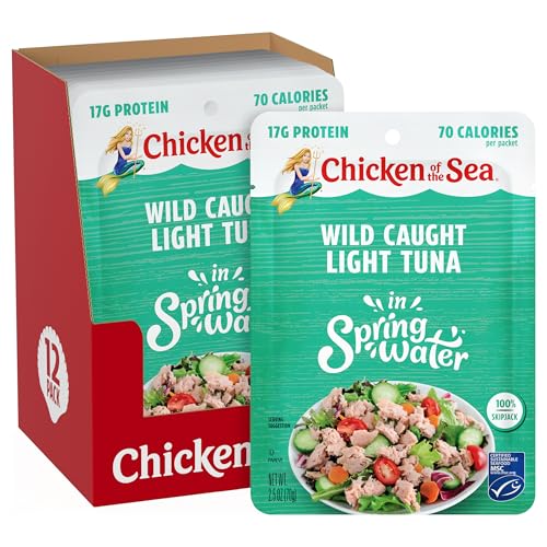 Chicken of the Sea Wild Caught Light Tuna in Spring Water, 2.5 Ounce Packets, 12-Count – High Protein 100% Skipjack Tuna in Water – Easy, Delicious, Nutritious Ready to Eat Meals
