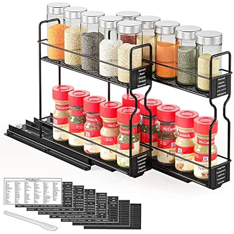 SpaceAid Pull Out Spice Rack Organizer for Cabinet, Heavy Duty Slide Out Seasoning Organizer for Kitchen Cabinets, with 415 Labels and Chalk Marker, 5.2"W x10.5"D x10"H, 2 Drawers 2-Tier, Black Cover