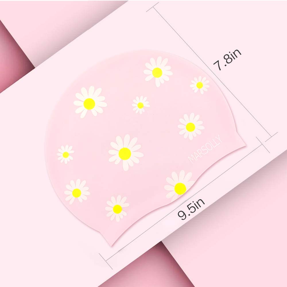 Gorro de natación de silicona para mujer, impermeable, de pelo largo, con estampado de flores, Rosado