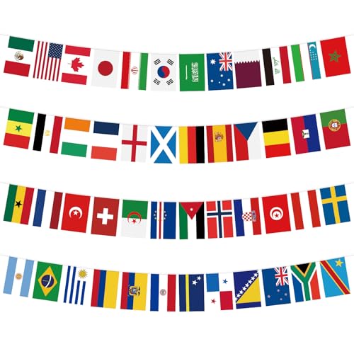 jijAcraft 48 Länderflaggen Wimpelkette für WM 2026: 15M Fußball Flaggenkette Wasserfest Internationale Flaggen Girlande für Public Viewing Bar und Garten