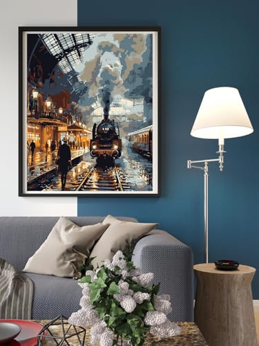 Image of Moohue 14ct Counted Cross Stitch Kits for Adults Train Station Printed Stamped Cross Stitch Patterns Kits Cross Stitch Supplies (Train Station)