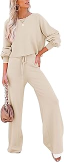 Pink Queen Women's 2 Piece Lounge Outfit Sweater Set Long Sleeve Crop Knit Top and Wide Leg Long Pants Sweatsuit