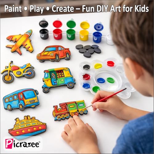 Image of PICRAZEE DIY Wooden Vehicle Painting Kit for Kids | 10 Pine MDF Vehicle Cutouts (5.5 mm Thick) with Acrylic Colors, Brushes, Palette & Magnets | Art & Craft Creative Activity Toy